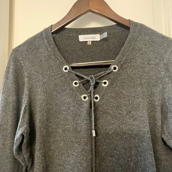 Calvin Klein Women's Lace Up Gray 3/4 Sleeves Knit Top Pullover Sweater Size M - Picture 8 of 8